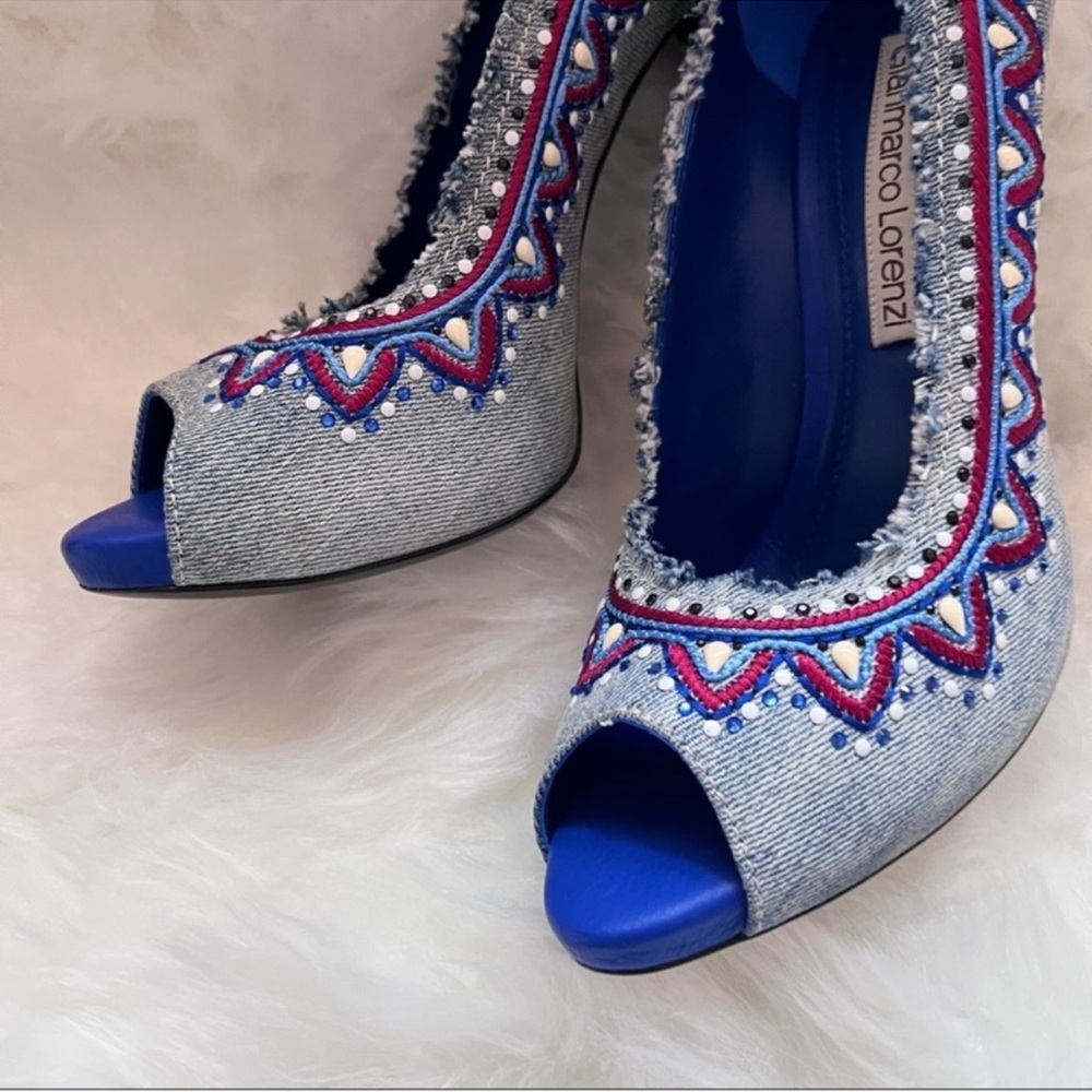 New! GIANMATCO LORENZI Denina Embellished Denim Peep Toe Pumps - Picture 5 of 12